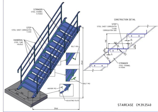 Steel Staircase Mezzanine Flats Commercial Residential 900mm X 2540mm - UK Pallet Racking